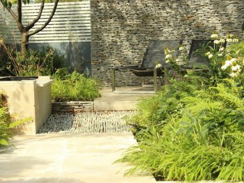 Dryopteris Wallichiana, Hakonechloa Macra, Stone Pathway Daniel Shea Contemporary Garden Design Norfolk, UK