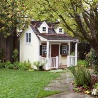 kids garden playhouse wooden cottage veranda garden path