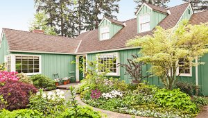 Landscaped front yard with walkways