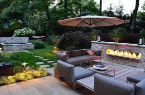 modern backyard landscaping ideas lounge furniture outdoor fireplace design garden